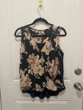 West K Dark Blue Floral Sleeveless Wrap Blouse